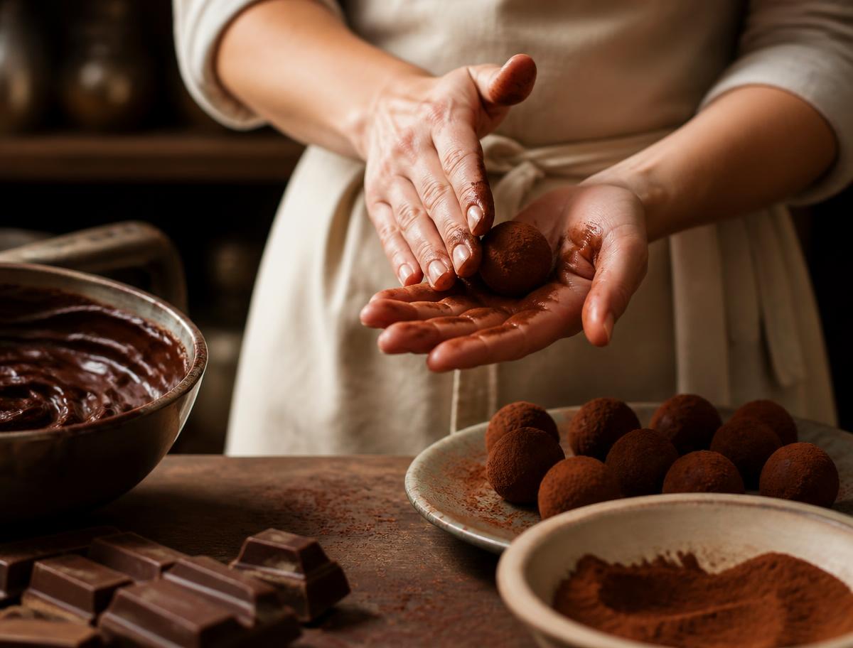 Confeiteira enrolando brigadeiros artesanais à mão