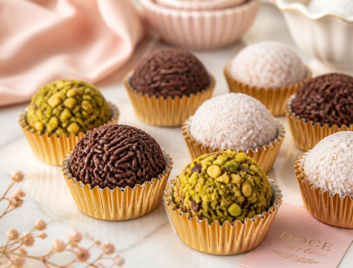 Brigadeiros gourmet artesanais em forminhas douradas